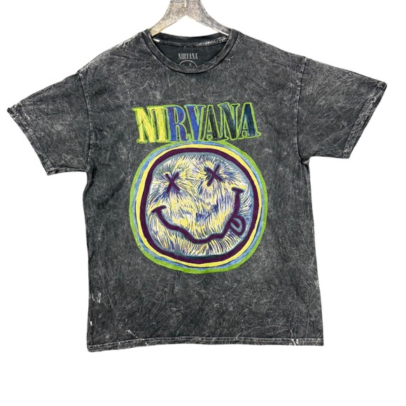 NIRVANA Other - Nirvana Band Tee Mens‎ Large Grey Smiley Face Graphic T-Shirt Mineral Wash NWOT